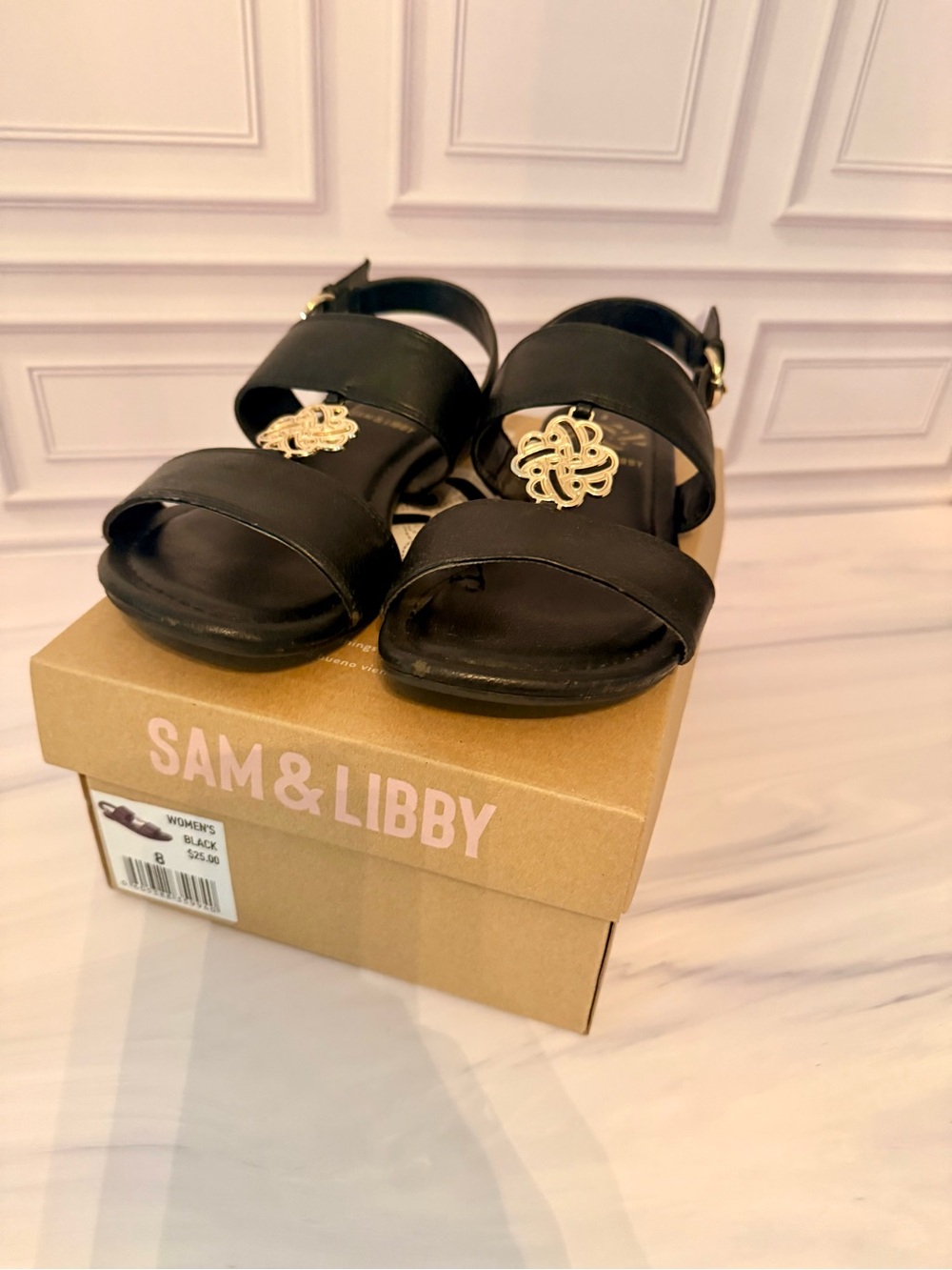 Sam & Libby Black Sandals with Gold Medallion Accent